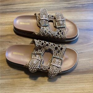 Cushionaire Women's Tan Sandals with gold colored buckles and a braided design